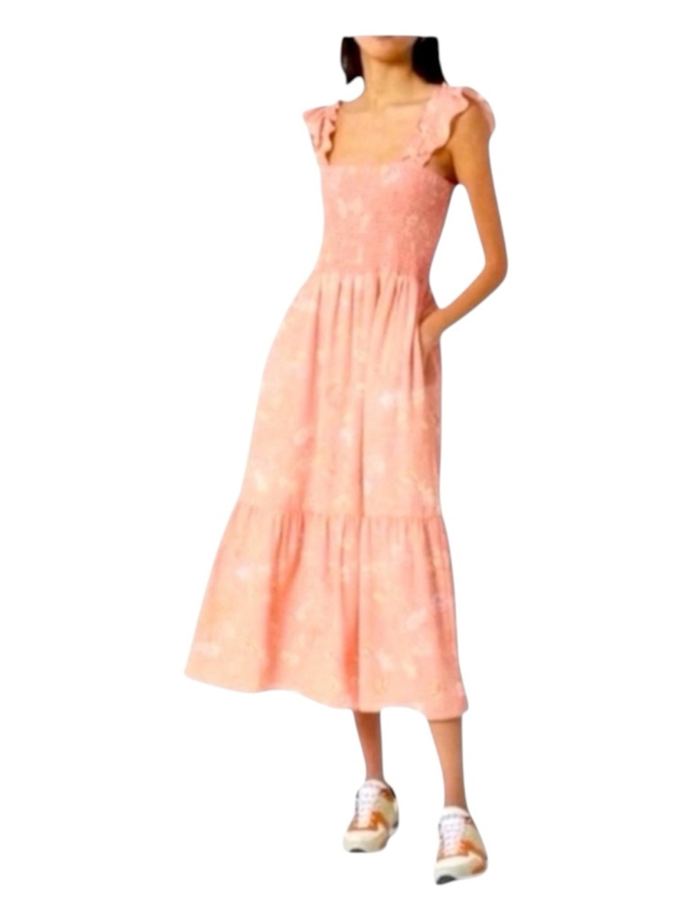 FRENCH CONNECTION Smocked Top Midi Dress With Ruffle Straps, Lined, Sizes S & M.